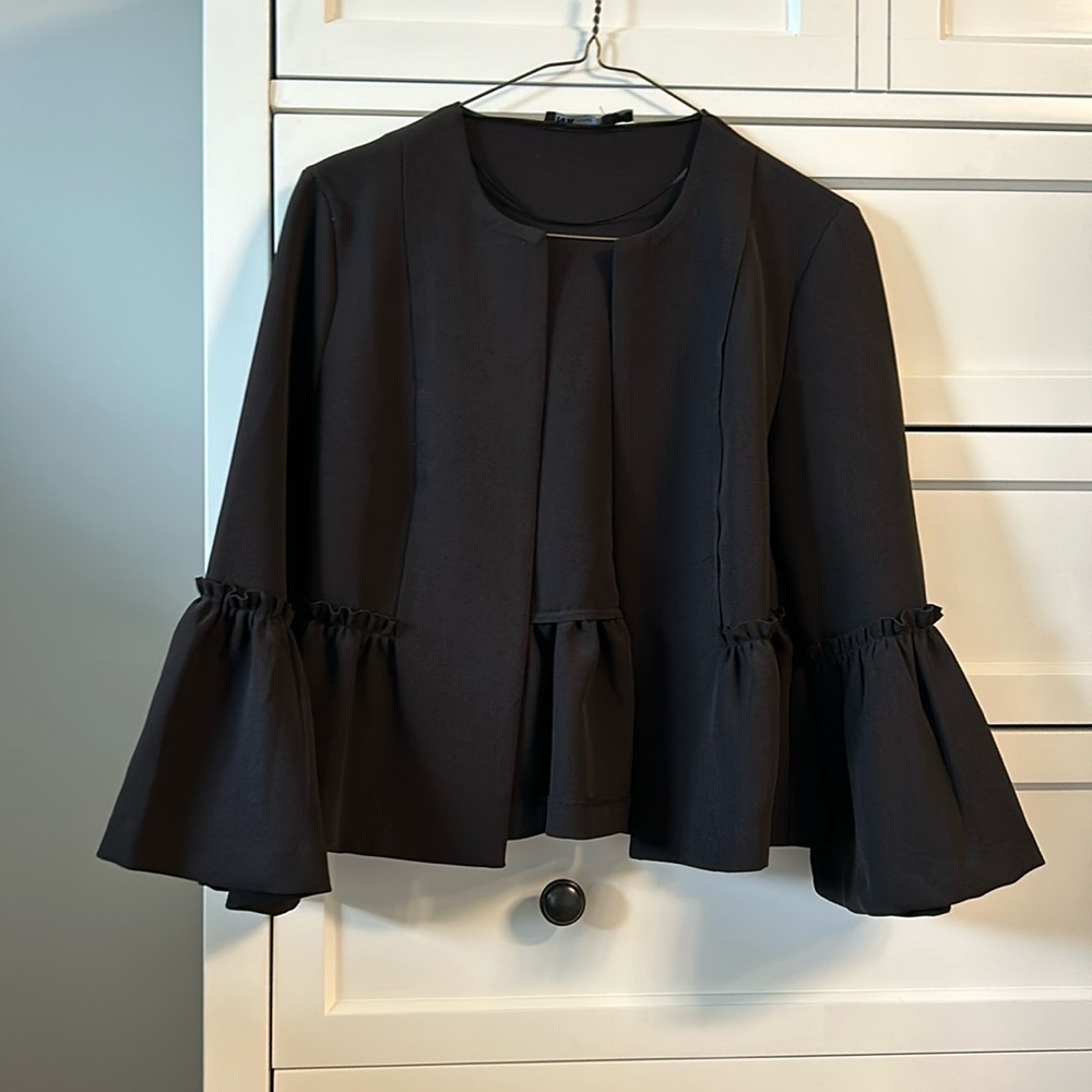Black Cropped ruffle coat (size Small)